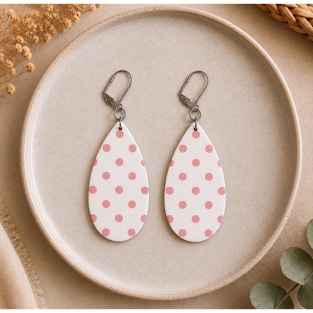 Handmade Pink White Polka Dot Teardrop Earrings | Polymer Clay Dangle